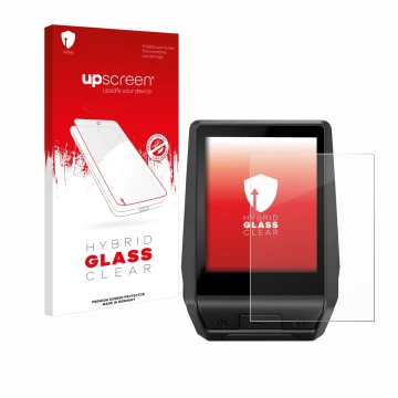 Parte frontal de un envase de producto con el logotipo de la marca upscreen. Al lado se muestra el dispositivo Bosch Nyon 2 20