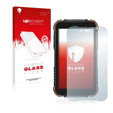 Parte frontal de un envase de producto con el logotipo de la marca upscreen. Al lado se muestra el dispositivo Doogee S35T con