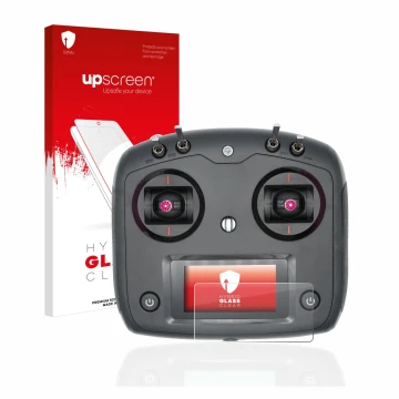 Parte frontal de un envase de producto con el logotipo de la marca upscreen. Al lado se muestra el dispositivo FlySky FS-i6S c