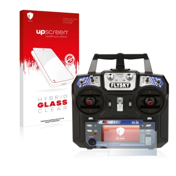 Parte frontal de un envase de producto con el logotipo de la marca upscreen. Al lado se muestra el dispositivo FlySky FS-i6 co