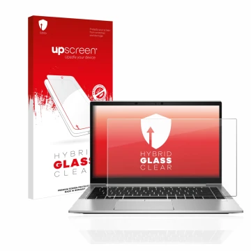 Parte frontal de un envase de producto con el logotipo de la marca upscreen. Al lado se muestra el dispositivo HP EliteBook 84