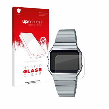 Parte frontal de un envase de producto con el logotipo de la marca upscreen. Al lado se muestra el dispositivo Casio A700WE co