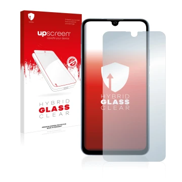 Parte frontal de un envase de producto con el logotipo de la marca upscreen. Al lado se muestra el dispositivo ZTE Blade A71 c