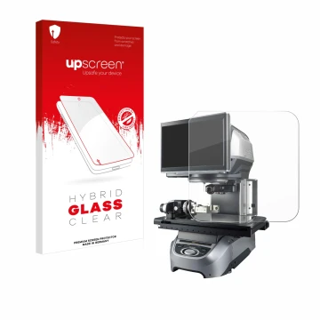 Parte frontal de un envase de producto con el logotipo de la marca upscreen. Al lado se muestra el dispositivo Keyence IM-7020