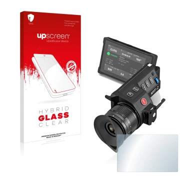 Parte frontal de un envase de producto con el logotipo de la marca upscreen. Al lado se muestra el dispositivo Arri MVF-2 con 