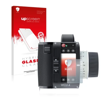 Parte frontal de un envase de producto con el logotipo de la marca upscreen. Al lado se muestra el dispositivo Arri WCU-4 con 