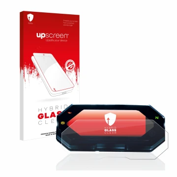 Parte frontal de un envase de producto con el logotipo de la marca upscreen. Al lado se muestra el dispositivo Yamaha MT-07 20