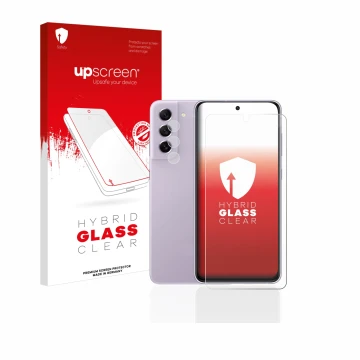 Parte frontal de un envase de producto con el logotipo de la marca upscreen. Al lado se muestra el dispositivo Samsung Galaxy 