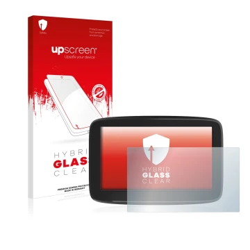 Parte frontal de un envase de producto con el logotipo de la marca upscreen. Al lado se muestra el dispositivo TomTom GO Class