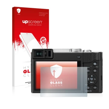 Parte frontal de un envase de producto con el logotipo de la marca upscreen. Al lado se muestra el dispositivo Panasonic Lumix