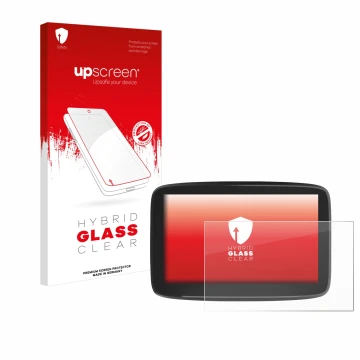 Parte frontal de un envase de producto con el logotipo de la marca upscreen. Al lado se muestra el dispositivo TomTom GO Class