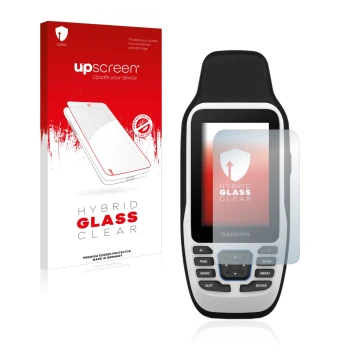 Parte frontal de un envase de producto con el logotipo de la marca upscreen. Al lado se muestra el dispositivo Garmin GPSMAP 7