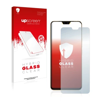 Parte frontal de un envase de producto con el logotipo de la marca upscreen. Al lado se muestra el dispositivo Vivo V23 5G con