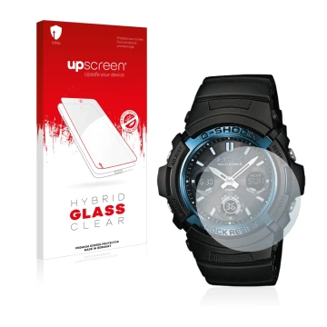 Parte frontal de un envase de producto con el logotipo de la marca upscreen. Al lado se muestra el dispositivo Casio AWG M100 