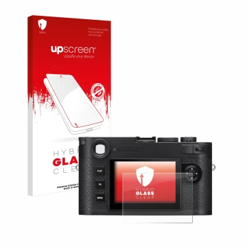 Parte frontal de un envase de producto con el logotipo de la marca upscreen. Al lado se muestra el dispositivo Leica M11 con s