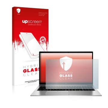 Parte frontal de un envase de producto con el logotipo de la marca upscreen. Al lado se muestra el dispositivo HP EliteBook 85