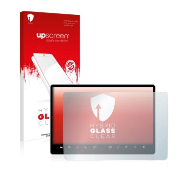 Parte frontal de un envase de producto con el logotipo de la marca upscreen. Al lado se muestra el dispositivo Tesla Model Y I