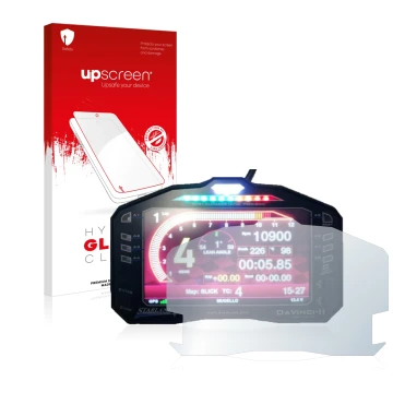 Parte frontal de un envase de producto con el logotipo de la marca upscreen. Al lado se muestra el dispositivo Starlane DaVinc