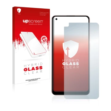Parte frontal de un envase de producto con el logotipo de la marca upscreen. Al lado se muestra el dispositivo Oppo A96 con su