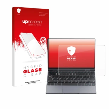 Parte frontal de un envase de producto con el logotipo de la marca upscreen. Al lado se muestra el dispositivo Chuwi MiniBook 