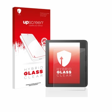 Parte frontal de un envase de producto con el logotipo de la marca upscreen. Al lado se muestra el dispositivo Tolino Vision 6