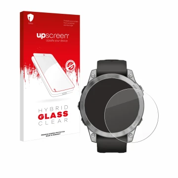 Parte frontal de un envase de producto con el logotipo de la marca upscreen. Al lado se muestra el dispositivo Garmin Fenix 7 
