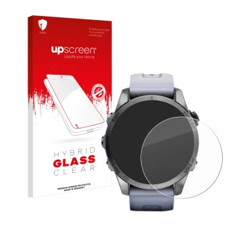 Parte frontal de un envase de producto con el logotipo de la marca upscreen. Al lado se muestra el dispositivo Garmin Fenix 7S