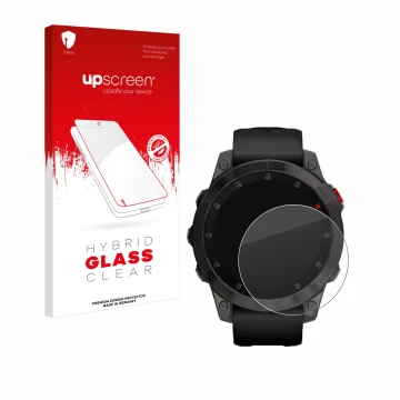 Parte frontal de un envase de producto con el logotipo de la marca upscreen. Al lado se muestra el dispositivo Garmin epix (Ge
