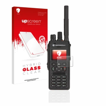 Parte frontal de un envase de producto con el logotipo de la marca upscreen. Al lado se muestra el dispositivo Motorola MTP355