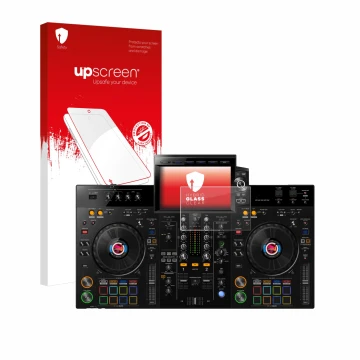 Parte frontal de un envase de producto con el logotipo de la marca upscreen. Al lado se muestra el dispositivo Pioneer XDJ-RX3