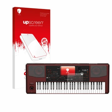 Parte frontal de un envase de producto con el logotipo de la marca upscreen. Al lado se muestra el dispositivo KORG Pa1000 con