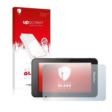 Parte frontal de un envase de producto con el logotipo de la marca upscreen. Al lado se muestra el dispositivo Desview R6 UHB 