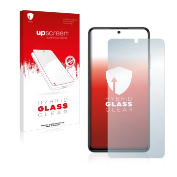 Parte frontal de un envase de producto con el logotipo de la marca upscreen. Al lado se muestra el dispositivo Xiaomi Redmi No