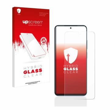 Parte frontal de un envase de producto con el logotipo de la marca upscreen. Al lado se muestra el dispositivo Xiaomi Redmi No