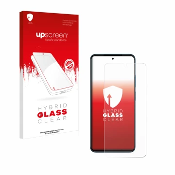 Parte frontal de un envase de producto con el logotipo de la marca upscreen. Al lado se muestra el dispositivo Xiaomi Redmi No