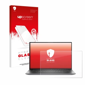 Parte frontal de un envase de producto con el logotipo de la marca upscreen. Al lado se muestra el dispositivo Dell Precision 