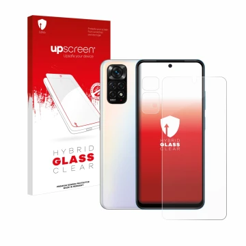 Parte frontal de un envase de producto con el logotipo de la marca upscreen. Al lado se muestra el dispositivo Xiaomi Redmi No