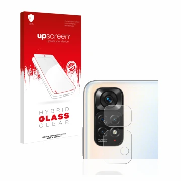 Parte frontal de un envase de producto con el logotipo de la marca upscreen. Al lado se muestra el dispositivo Xiaomi Redmi No
