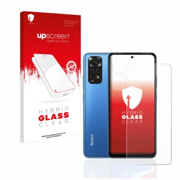 Parte frontal de un envase de producto con el logotipo de la marca upscreen. Al lado se muestra el dispositivo Xiaomi Redmi No