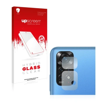 Parte frontal de un envase de producto con el logotipo de la marca upscreen. Al lado se muestra el dispositivo Xiaomi Redmi No
