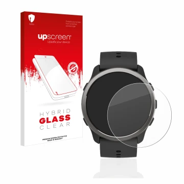 Parte frontal de un envase de producto con el logotipo de la marca upscreen. Al lado se muestra el dispositivo Suunto 5 Peak c