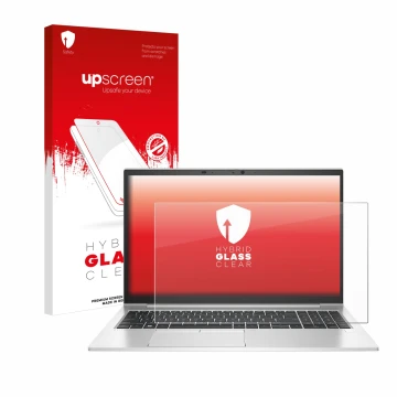 Parte frontal de un envase de producto con el logotipo de la marca upscreen. Al lado se muestra el dispositivo HP EliteBook 85