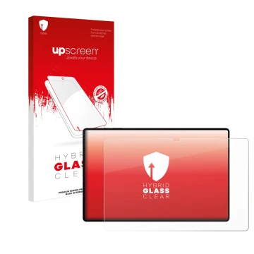 Parte frontal de un envase de producto con el logotipo de la marca upscreen. Al lado se muestra el dispositivo Samsung Galaxy 