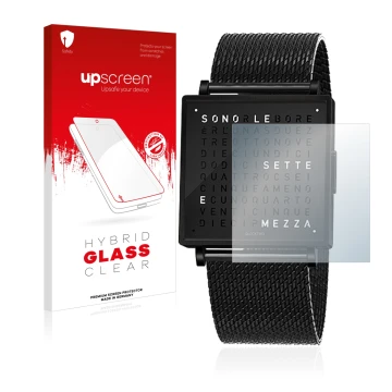 Parte frontal de un envase de producto con el logotipo de la marca upscreen. Al lado se muestra el dispositivo Qlocktwo W35 co