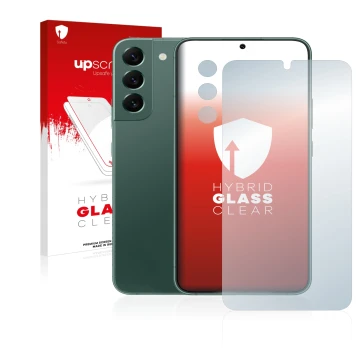 Parte frontal de un envase de producto con el logotipo de la marca upscreen. Al lado se muestra el dispositivo Samsung Galaxy 