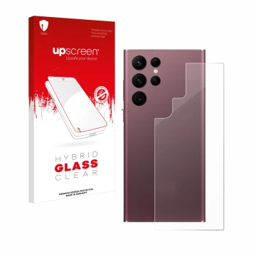 Parte frontal de un envase de producto con el logotipo de la marca upscreen. Al lado se muestra el dispositivo Samsung Galaxy 