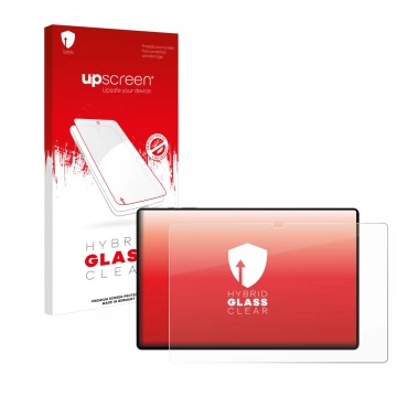 Parte frontal de un envase de producto con el logotipo de la marca upscreen. Al lado se muestra el dispositivo Samsung Galaxy 