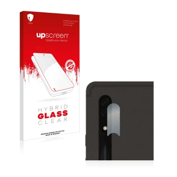 Parte frontal de un envase de producto con el logotipo de la marca upscreen. Al lado se muestra el dispositivo Samsung Galaxy 