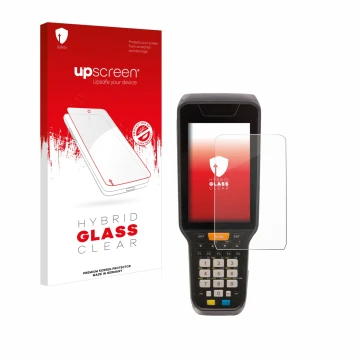 Parte frontal de un envase de producto con el logotipo de la marca upscreen. Al lado se muestra el dispositivo Datalogic Skorp