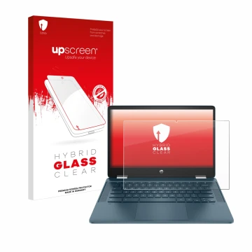 Parte frontal de un envase de producto con el logotipo de la marca upscreen. Al lado se muestra el dispositivo HP Chromebook x